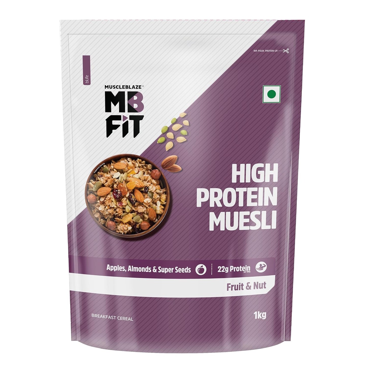 MuscleBlaze Fit High Protein Muesli | 22g Protein | With Raisins Almonds & Super Seeds| High Protein Breakfast Cereals
