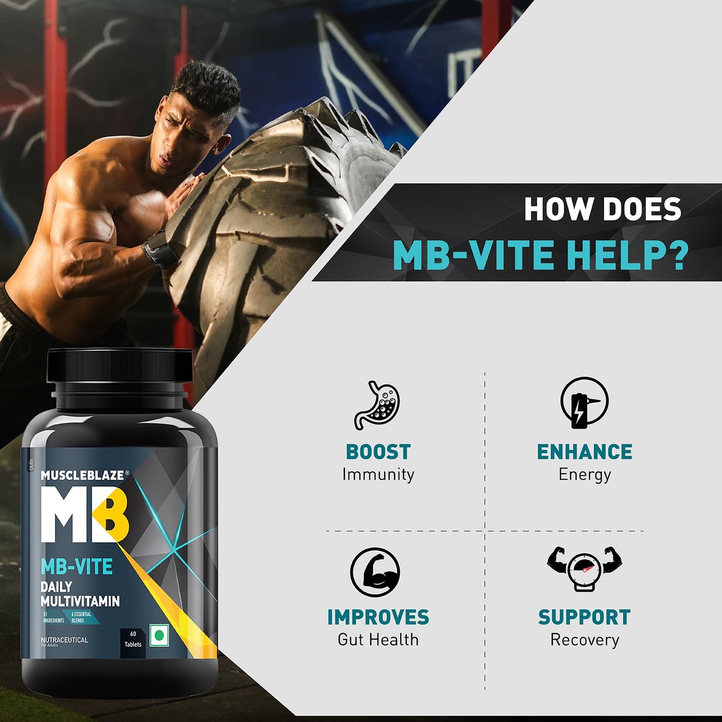 MuscleBlaze MB-Vite Daily Multivitamin | With 51 Ingredients & 6 Blend| Vitamins & Minerals| Prebiotic & Probiotics| Amino Acid Blends | For Energy| Stamina & Recovery