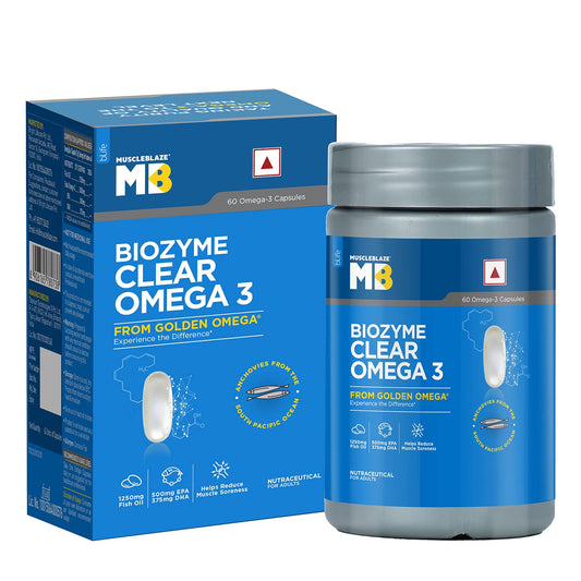 MuscleBlaze Biozyme Clear Omega 3 Fish Oil| 1250 mg Fish Oil with 500 mg EPA & 375 mg DHA| India's First Golden Omega Supplement| Helps Reduce Muscle Soreness| 60 Omega 3 Capsules