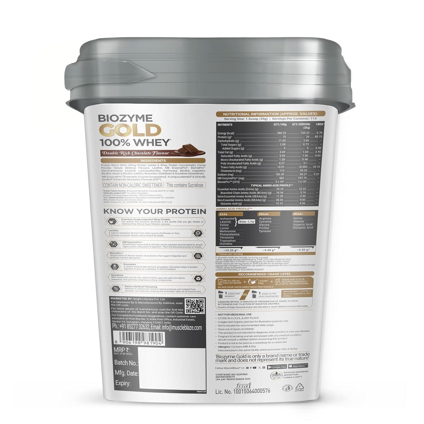 MuscleBlaze Biozyme Gold 100% Whey Protein | Whey Isolate as Primary Protein Source