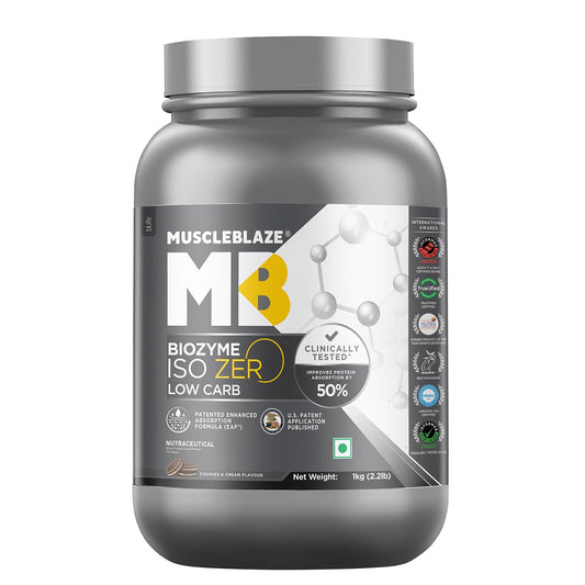MuscleBlaze Biozyme Iso-Zero| Low Carb Whey Protein Isolate Powder| 27g Isolate Whey Per Scoop | USA Patent-Published Enhanced Absorption Formula (EAF)