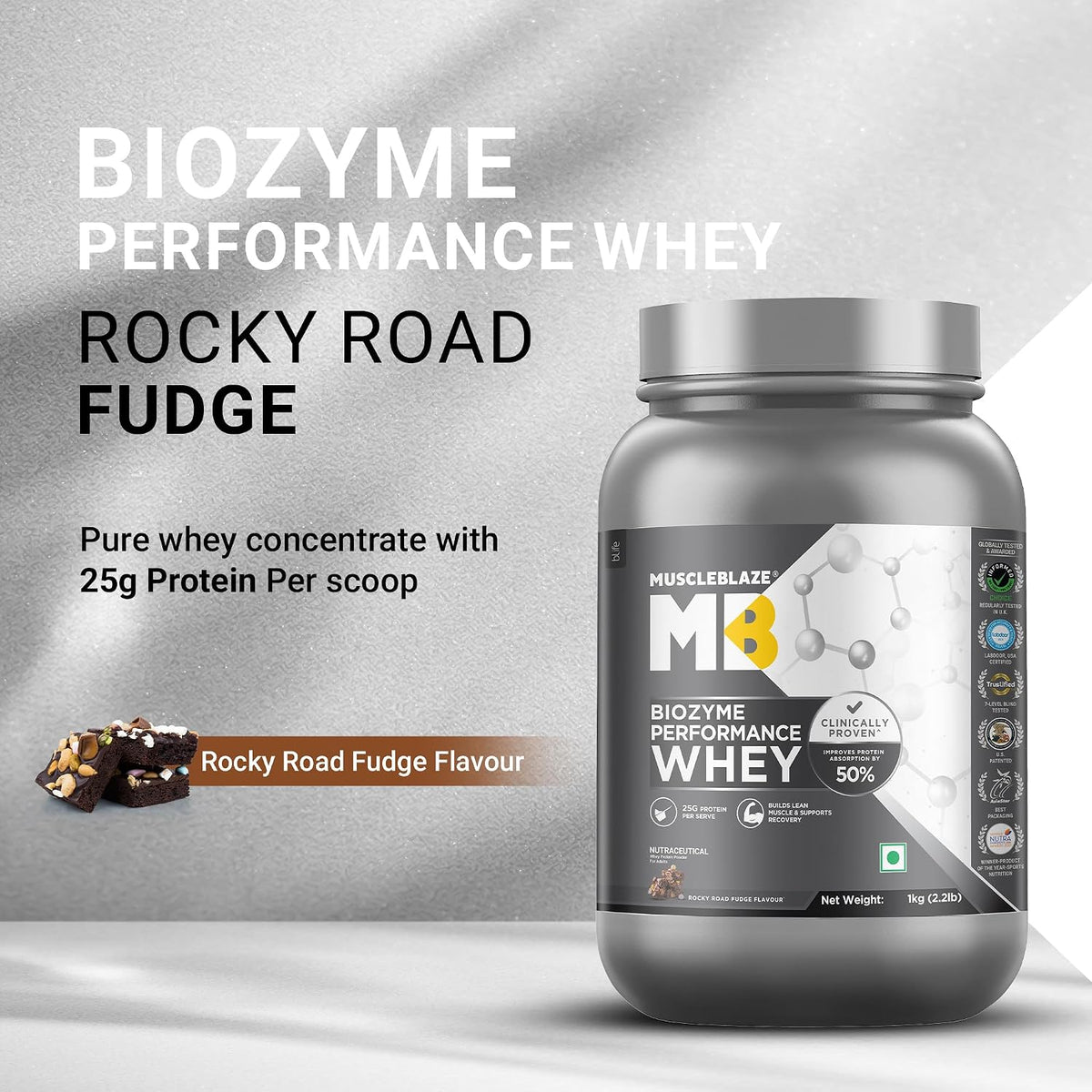 MuscleBlaze Biozyme Performance Whey Protein Powder | 25g Protein Per Scoop | Clinically Tested 50% Higher Protein Absorption