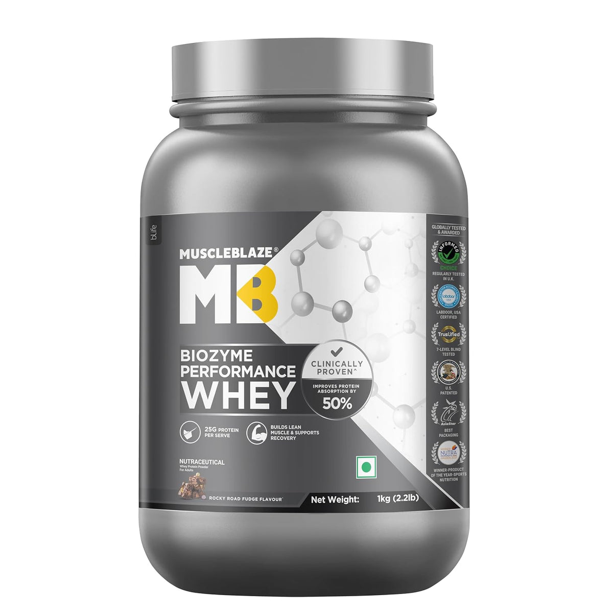 MuscleBlaze Biozyme Performance Whey Protein Powder | 25g Protein Per Scoop | Clinically Tested 50% Higher Protein Absorption