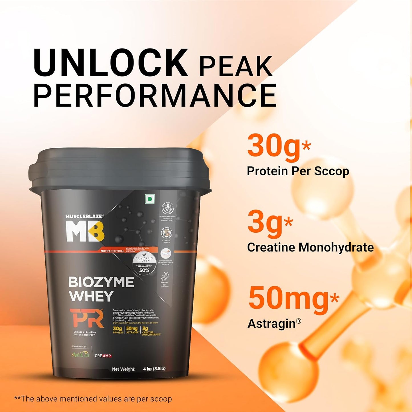 MuscleBlaze Biozyme Whey Protein PR Powder with 30g Protein| 3g Creatine Monohydrate |50mg AstraGin | Trustified Gold Certified