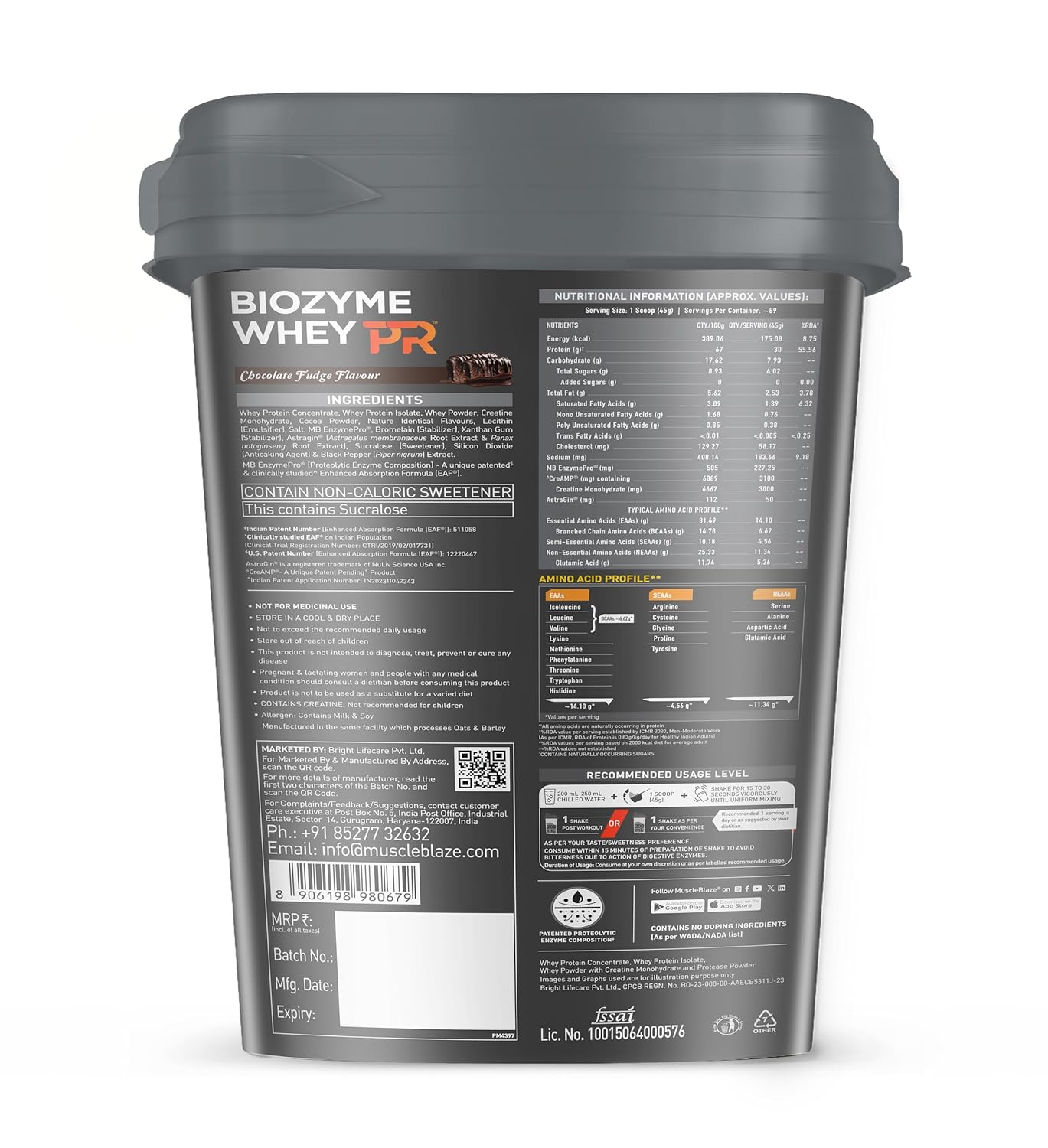 MuscleBlaze Biozyme Whey Protein PR Powder with 30g Protein| 3g Creatine Monohydrate |50mg AstraGin | Trustified Gold Certified