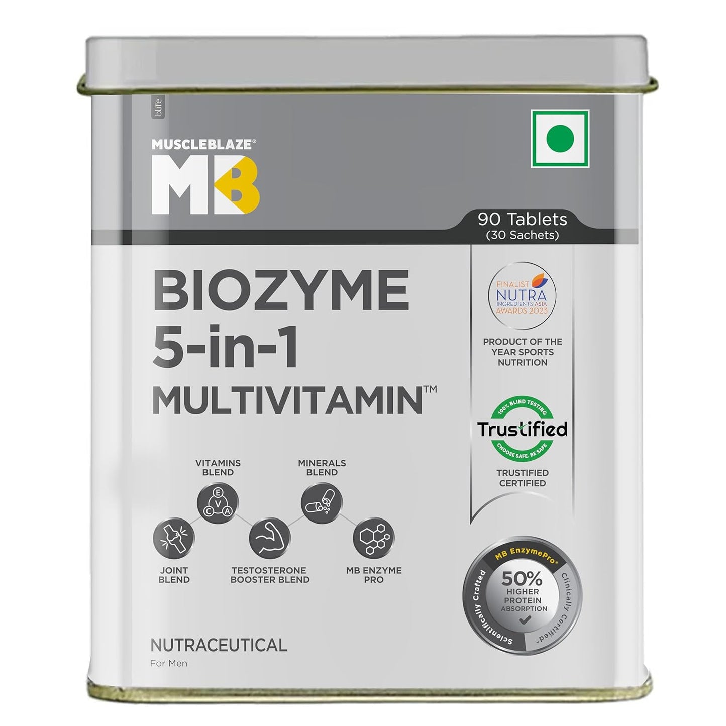 MuscleBlaze Biozyme Daily Multivitamin|5-In-1 Supplement With Vitamins | Minerals| Joint| T-Booster Blend| With Us Patent Published Eafa |For Higher Energy & Improved Performance |1 Count |90 Capsules