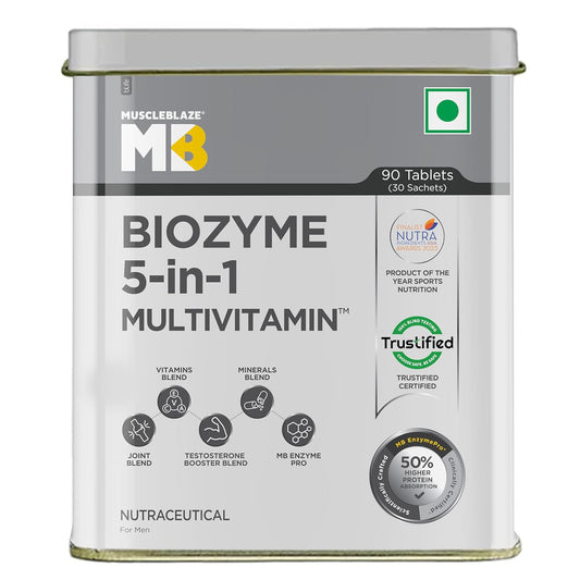 MuscleBlaze Biozyme Daily Multivitamin|5-In-1 Supplement With Vitamins | Minerals| Joint| T-Booster Blend| With Us Patent Published Eafa |For Higher Energy & Improved Performance |1 Count |90 Capsules