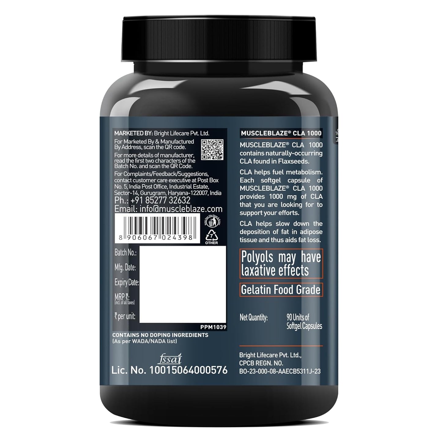 MuscleBlaze CLA 1000 | 90 Softgel Capsules | Fat Burner | Supports Weight Loss | Fuels Metabolism