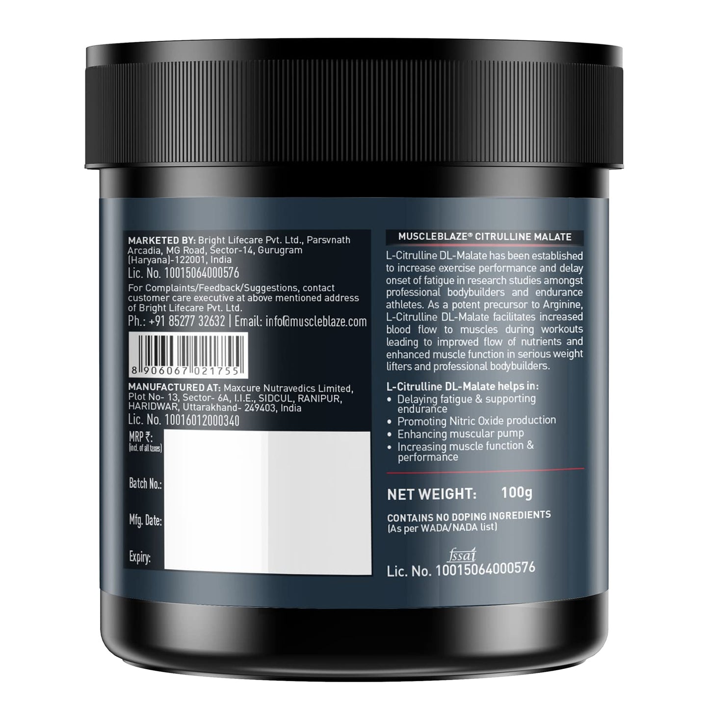 MuscleBlaze Citrulline Malate Powder | Unflavoured |100 G| Supports Endurance & Muscle Pump| 1 Count |50 Servings