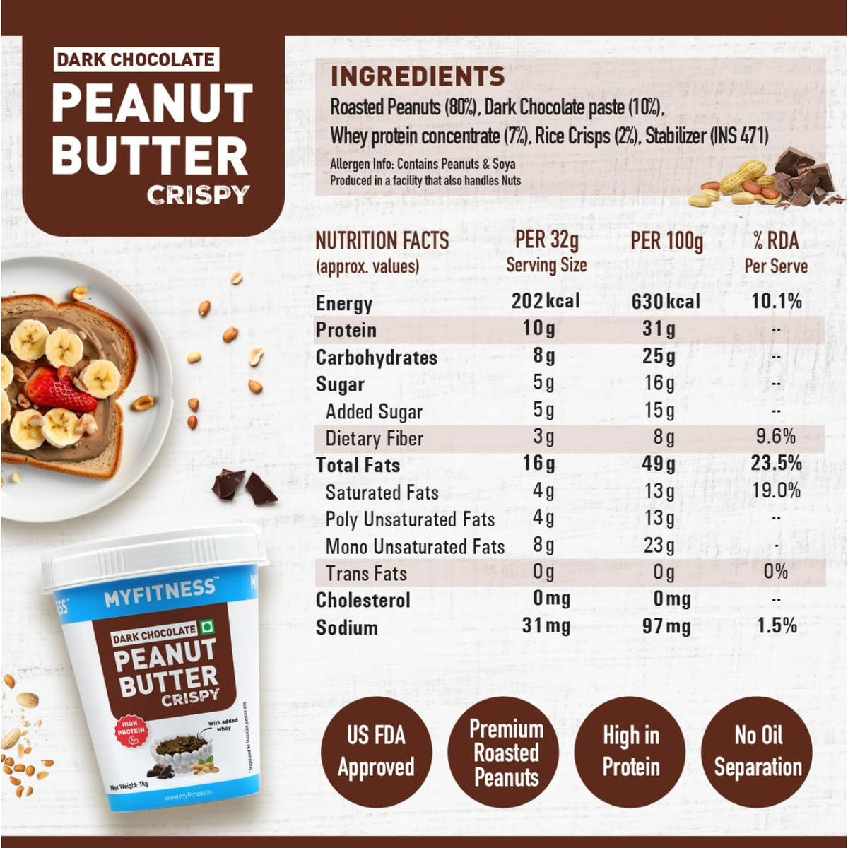 MYFITNESS Peanut Butter High Protein Dark Chocolate Spread | Added Whey Protein | For Muscle Building | Pre & Post-Workout Snacks | Cholesterol Free | Zero Trans Fat