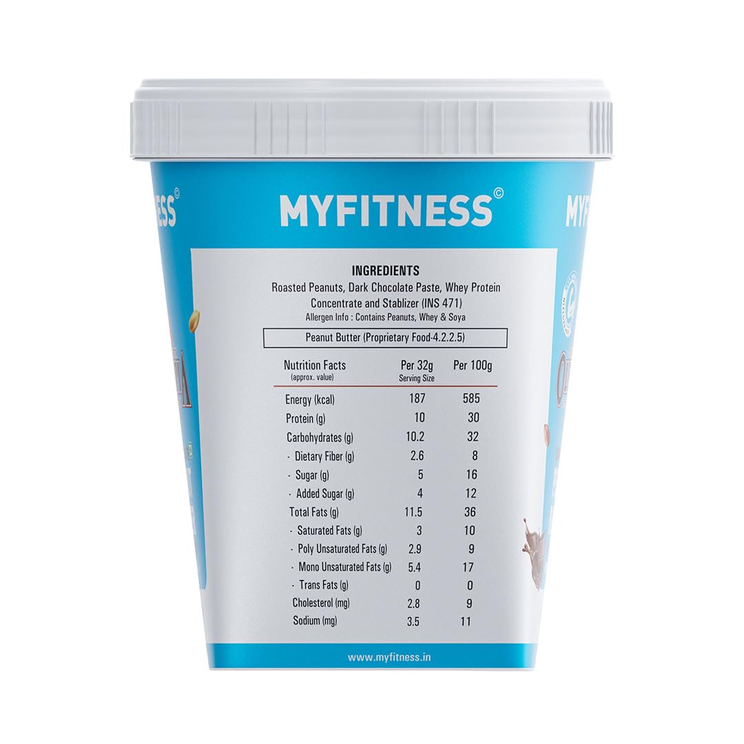 MYFITNESS Peanut Butter High Protein Dark Chocolate Spread | Added Whey Protein | For Muscle Building | Pre & Post-Workout Snacks | Cholesterol Free | Zero Trans Fat