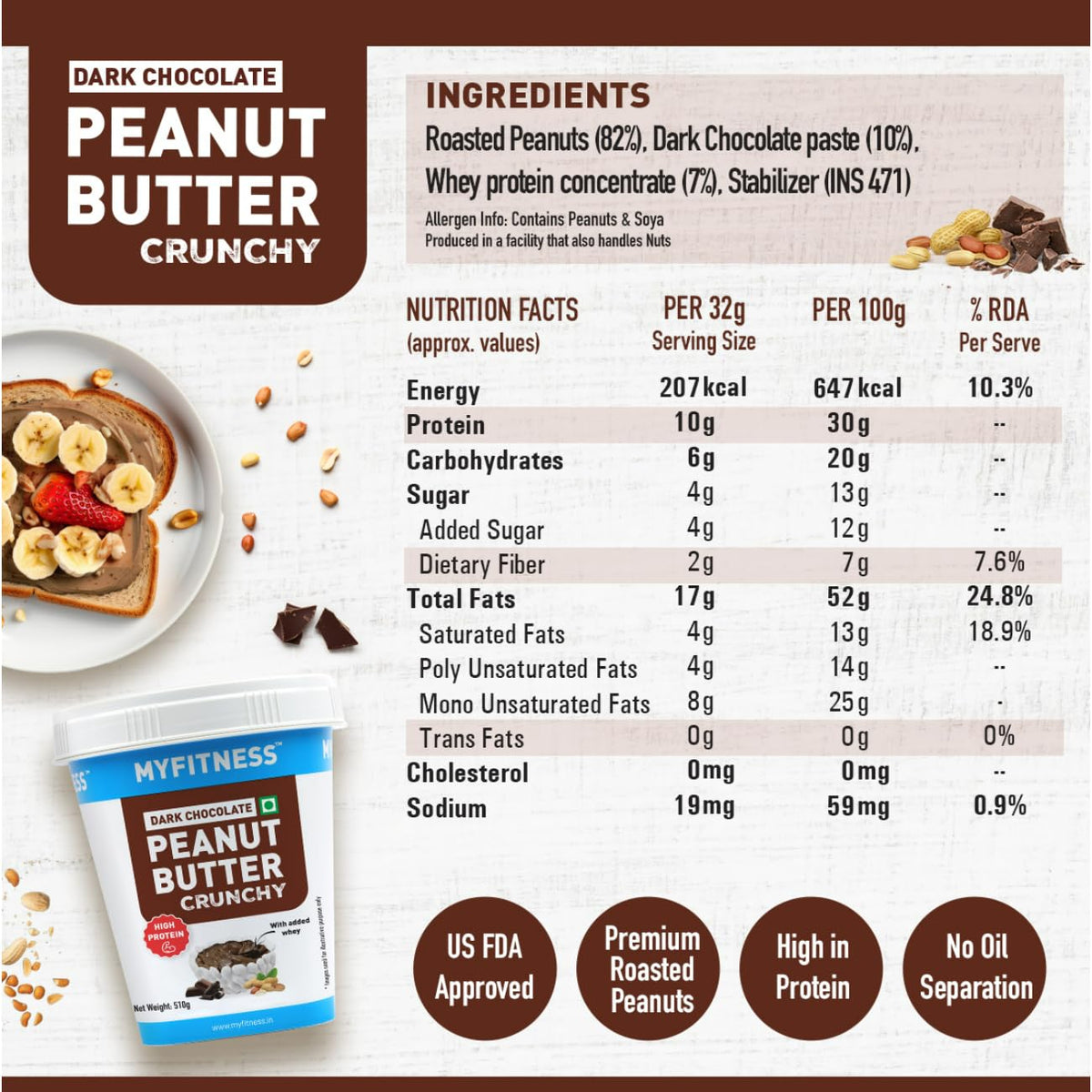 MYFITNESS Peanut Butter High Protein Dark Chocolate Spread | Added Whey Protein | For Muscle Building | Pre & Post-Workout Snacks | Cholesterol Free | Zero Trans Fat