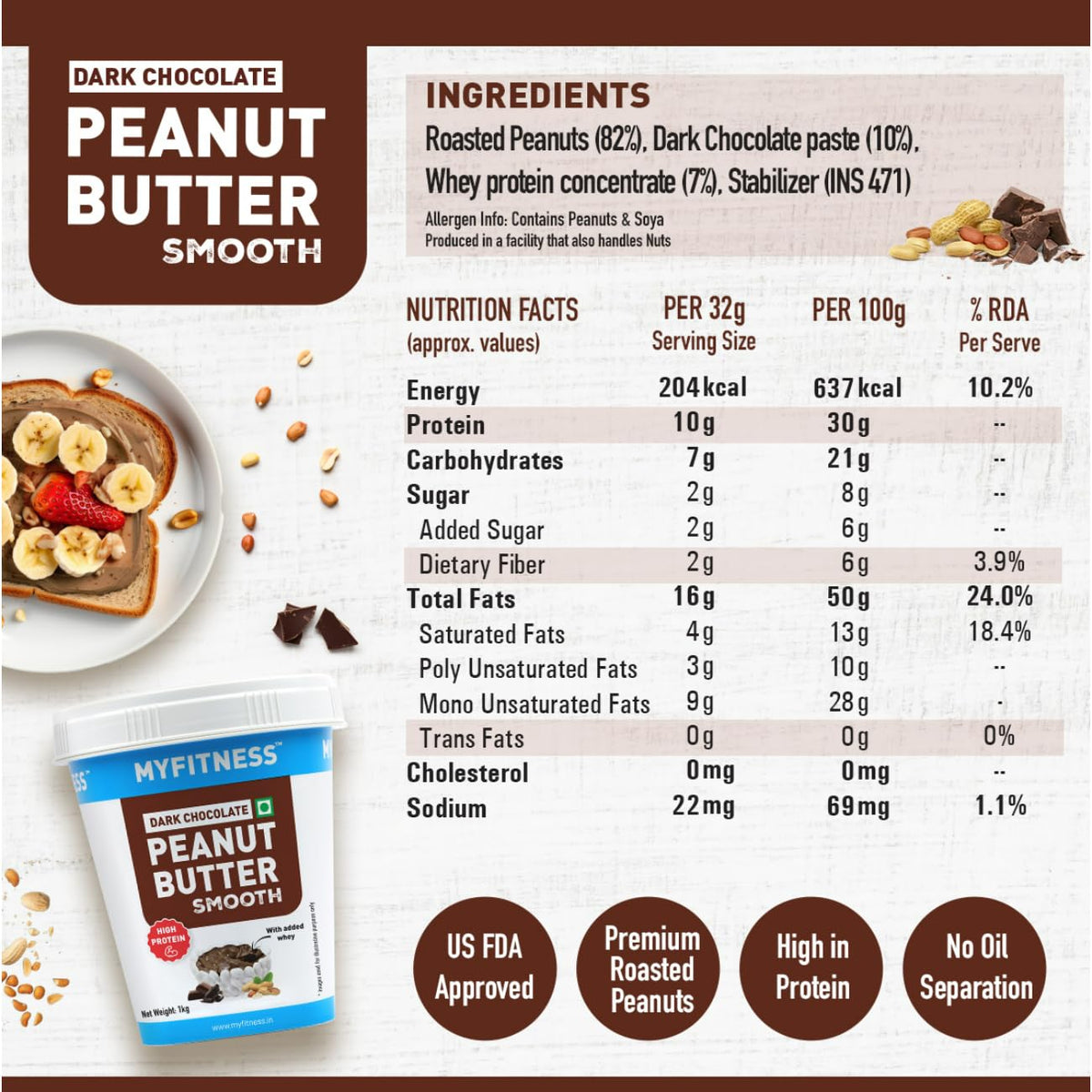 MYFITNESS Peanut Butter High Protein Dark Chocolate Spread | Added Whey Protein | For Muscle Building | Pre & Post-Workout Snacks | Cholesterol Free | Zero Trans Fat