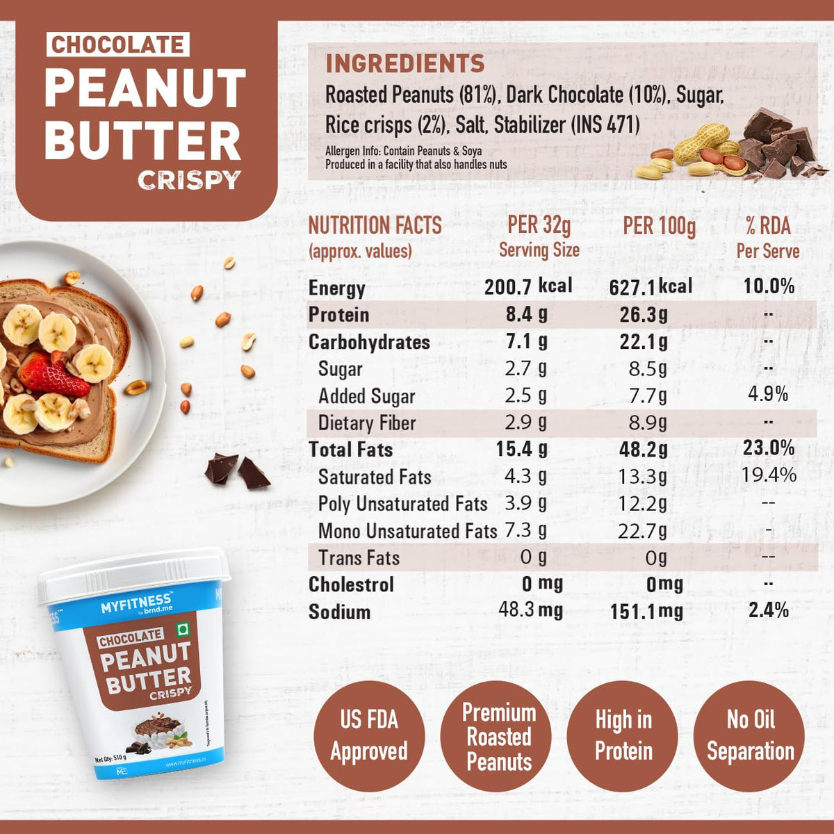 MYFITNESS Peanut Butter Chocolate | Tasty & Healthy Nut Butter Spread | Vegan | Cholesterol Free & Gluten Free | Zero Trans Fat
