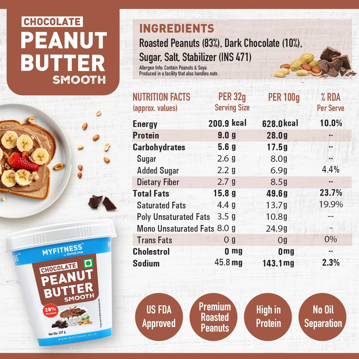 MYFITNESS Peanut Butter Chocolate | Tasty & Healthy Nut Butter Spread | Vegan | Cholesterol Free & Gluten Free | Zero Trans Fat