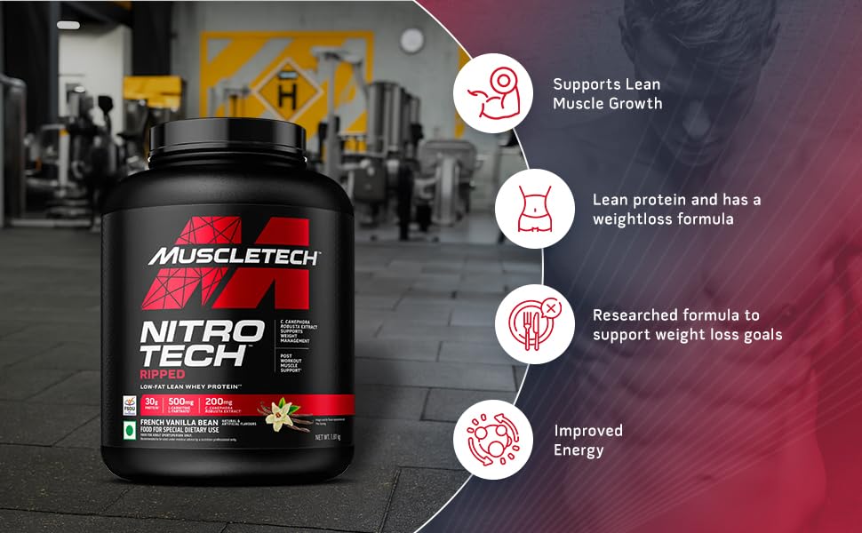 MuscleTech Nitrotech Ripped | Low Fat Lean Whey Protein| Weight Management| 30 G From Whey Protein| L-Carnitine & L-Tartrate| 200 Mg C