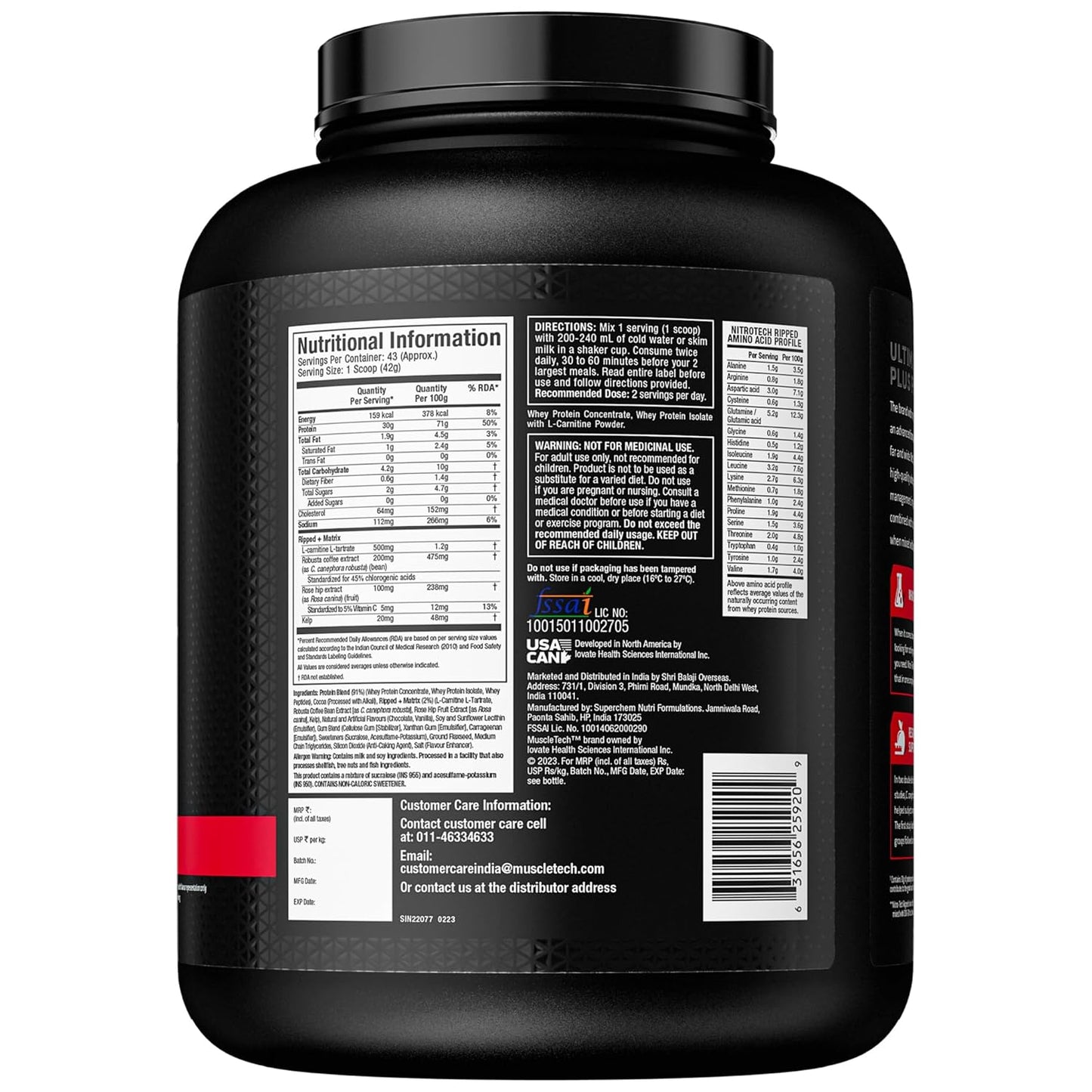 MuscleTech Nitrotech Ripped | Low Fat Lean Whey Protein| Weight Management| 30 G From Whey Protein| L-Carnitine & L-Tartrate| 200 Mg C