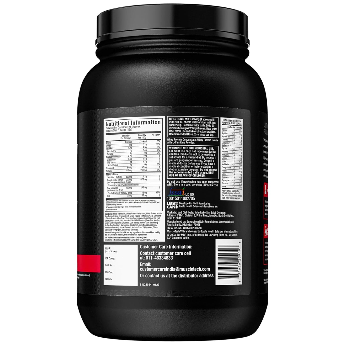 MuscleTech Nitrotech Ripped | Low Fat Lean Whey Protein| Weight Management| 30 G From Whey Protein| L-Carnitine & L-Tartrate| 200 Mg C