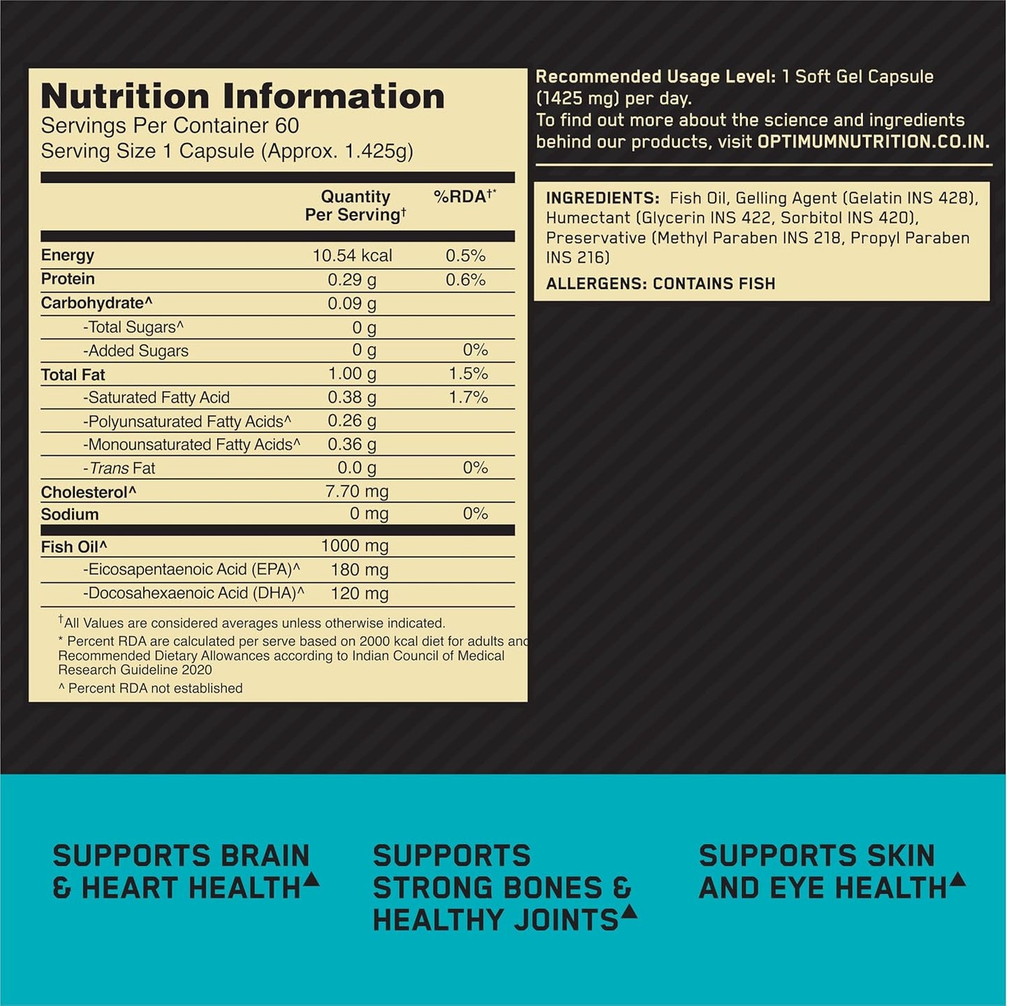 Optimum Nutrition (ON) Fish Oil | 300mg EPA/DHA Omega -3 Fatty Acids for Strong Bones-Healthy Joints| Brain| Heart| Skin & Eye Health