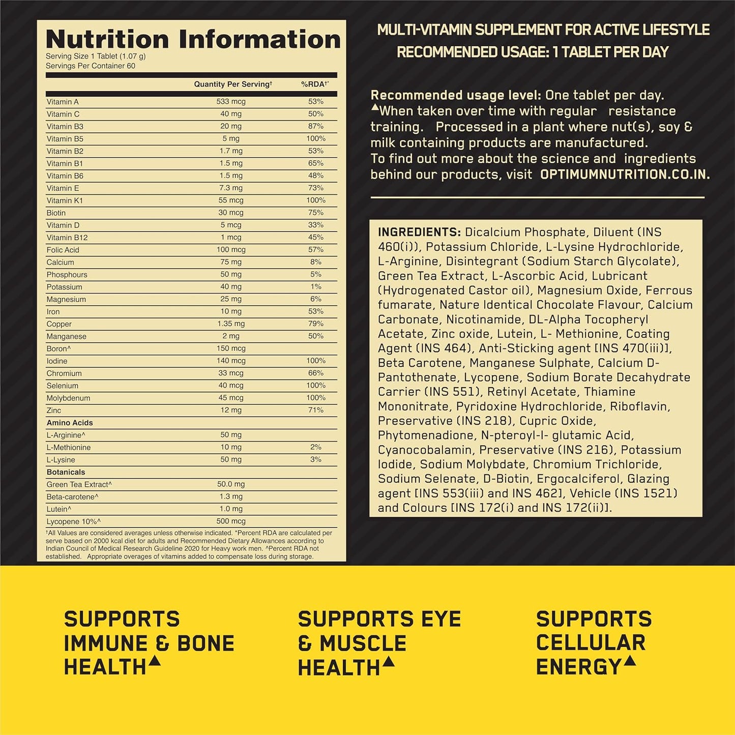 Optimum Nutrition Multivitamin for MEN| 60 Tablets| 26 Vitamins & Minerals| Amino Acids & Anti-Oxidants |Green Tea Extract| Beta Carotene| Lutein| Lycopene