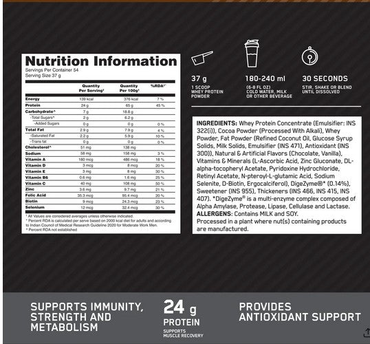 OPTIMUM NUTRITION Performance Whey Protein Powder Blend with Isolate | 24g Protein | 5g BCAA
