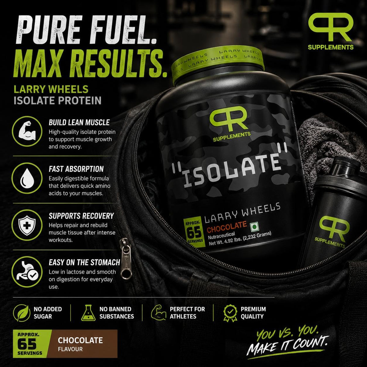 PR Supplements Larry Wheels 100% Whey Protein Isolate Powder | 27g Protein Per Serving | Fast Absorption | Lean Muscle & Recovery | Low Sugar | Easy Digesting