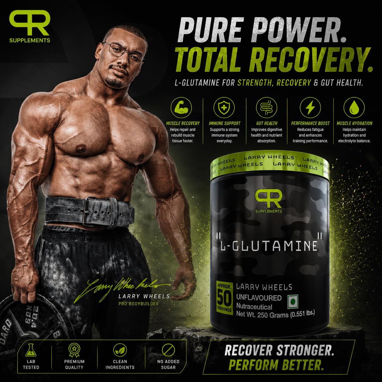 PR Supplements Larry Wheels L-Glutamine Powder 5000mg Per Serving| Supports Muscle Recovery| Lean Muscle Growth & Workout Recovery