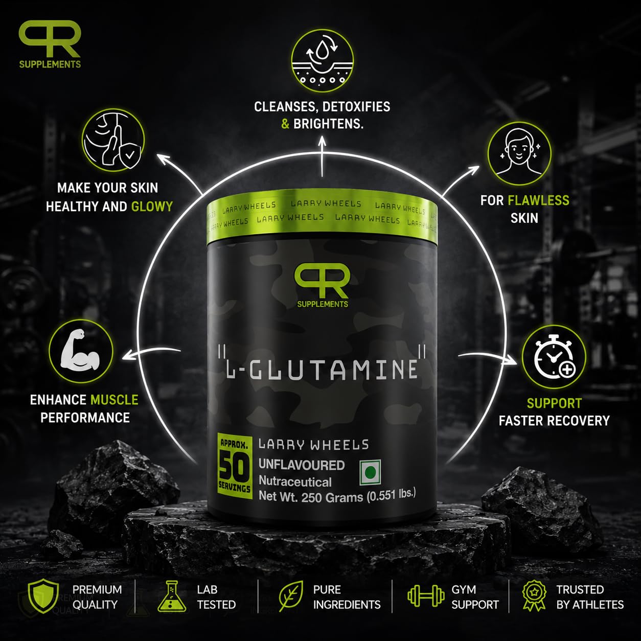 PR Supplements Larry Wheels L-Glutamine Powder 5000mg Per Serving| Supports Muscle Recovery| Lean Muscle Growth & Workout Recovery