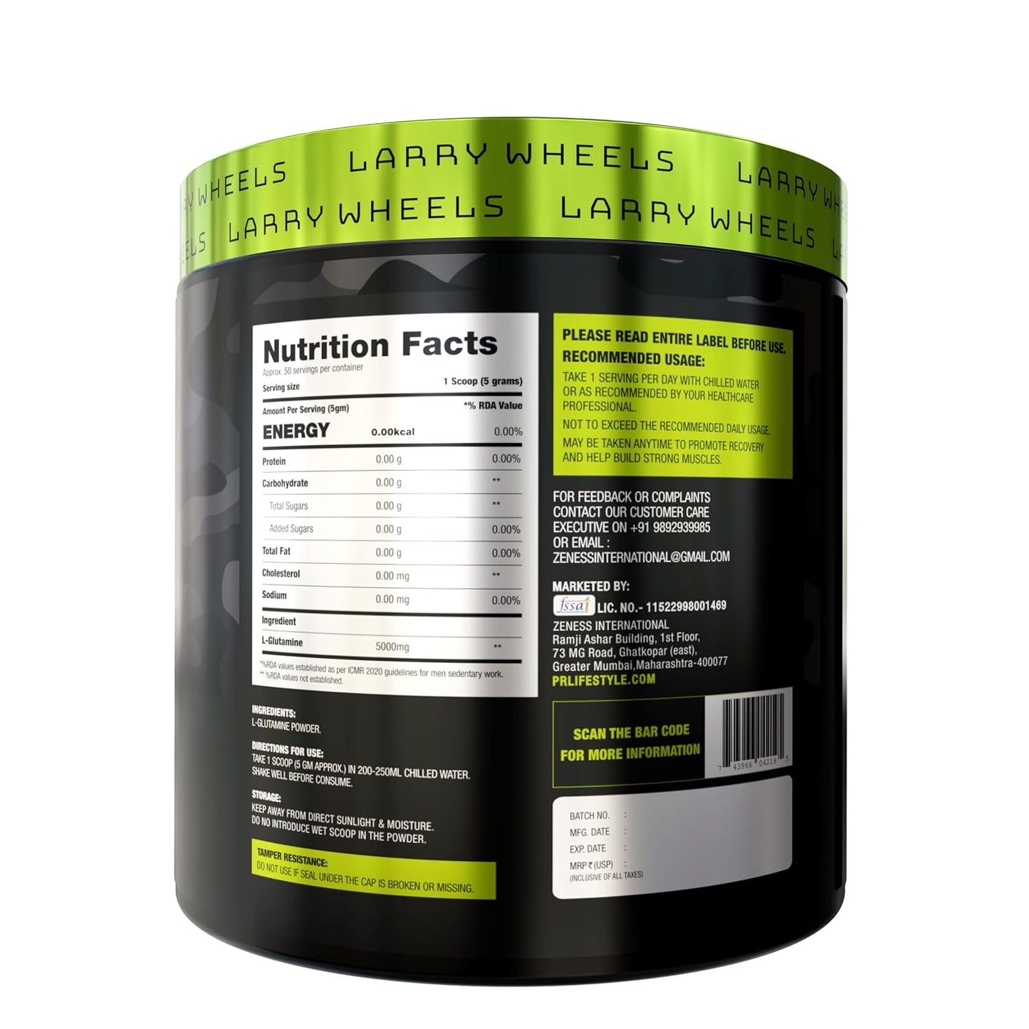PR Supplements Larry Wheels L-Glutamine Powder 5000mg Per Serving| Supports Muscle Recovery| Lean Muscle Growth & Workout Recovery