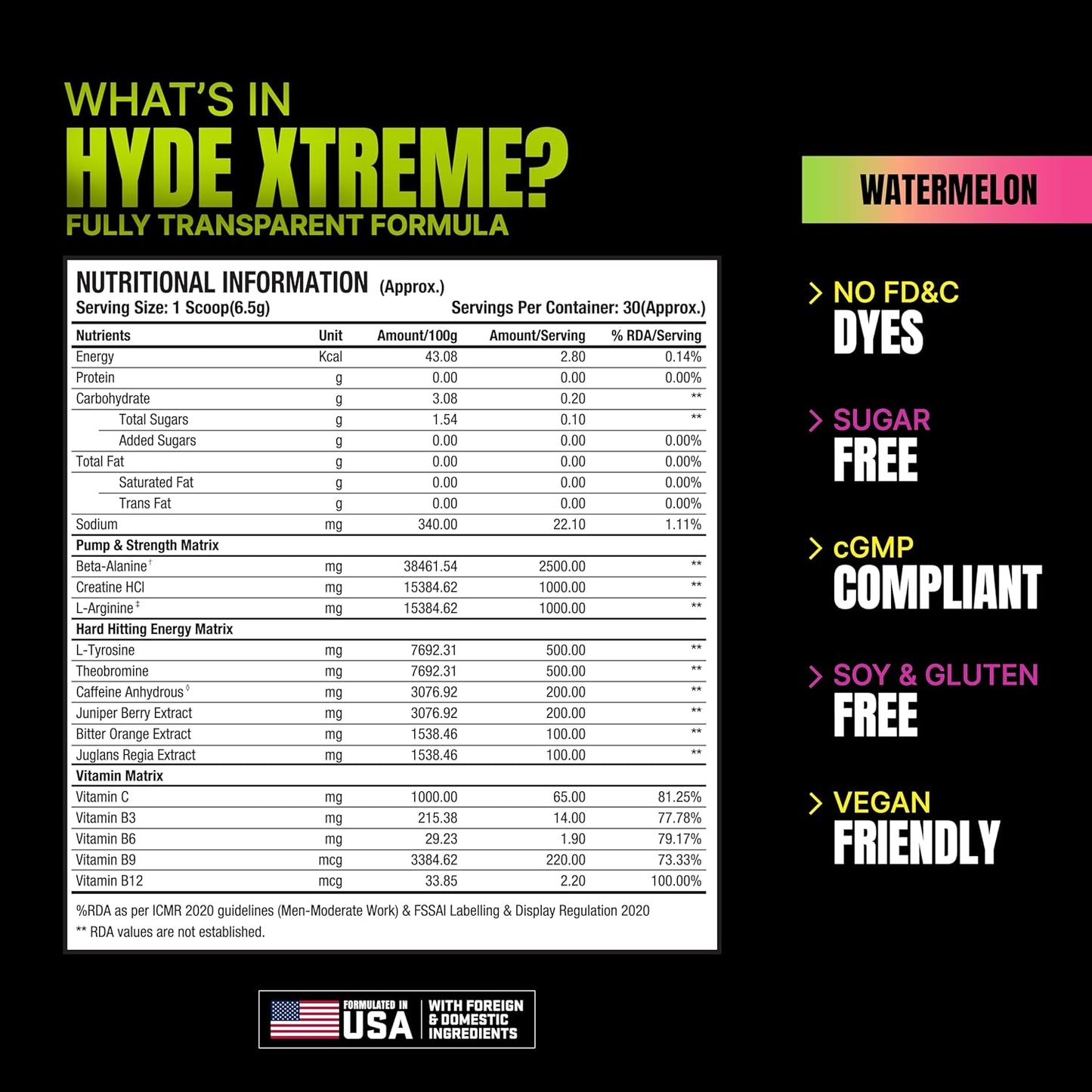 Prosupps Hyde Xtreme |Hard Hitting Energy Pre Workout Supplement | Caffeine| Beta-alanine| Creatine HCl| L-arginine | For Muscle Pump| Vascularity| Strength and Focus