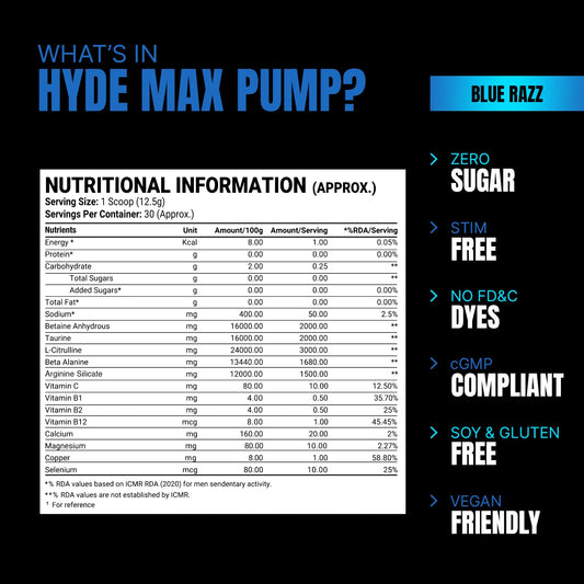 Prosupps Hyde Max Pump Pre workout Supplement | Caffeine Free Pre workout Supplement for Men and Women | Explosive Energy, Pump and Endurance | Taurine, L Citrulline, Beta Alanine