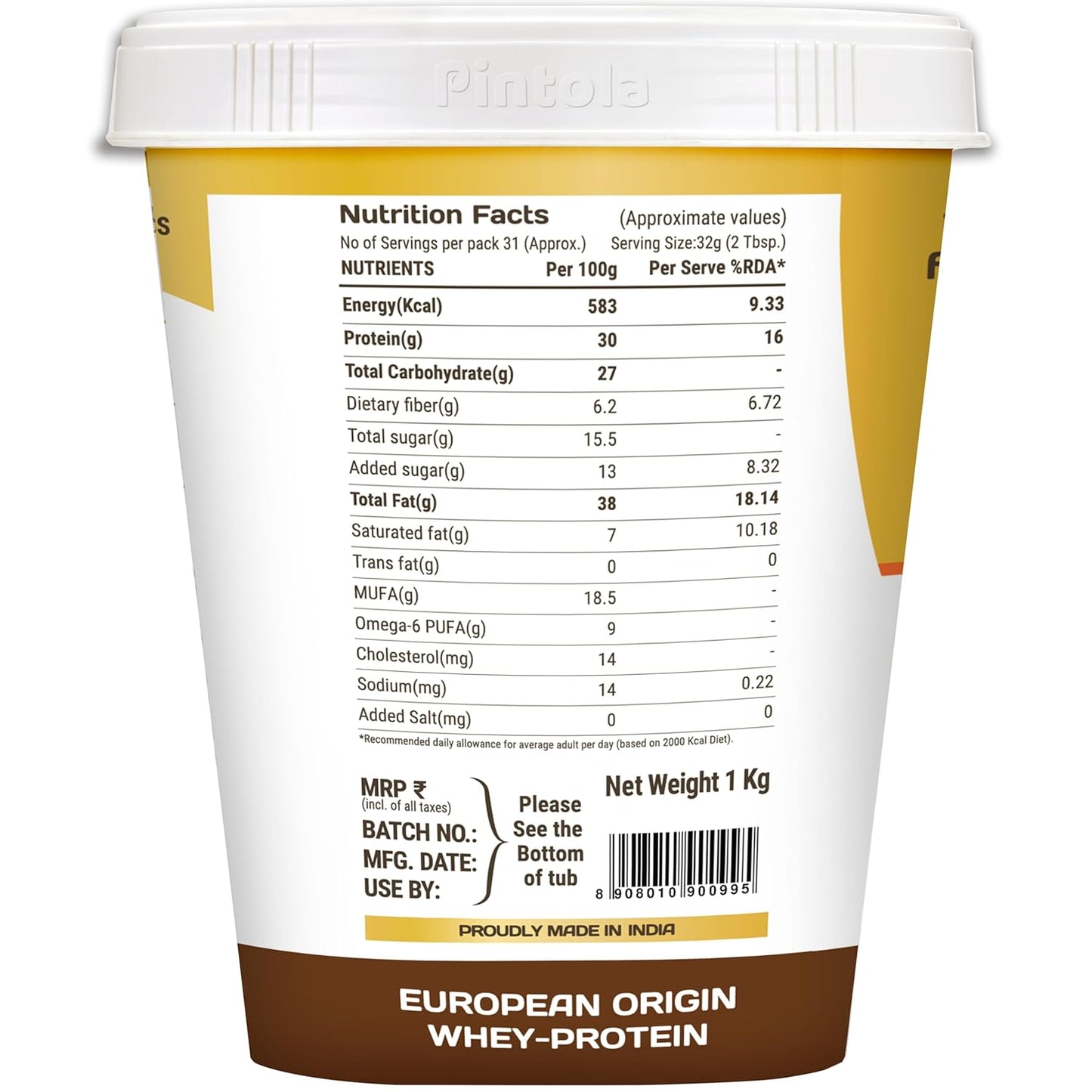 PINTOLA High Protein Dark Chocolate Peanut Butter | Added WHEY Protein| 30g Protein |6.2g Fiber| Gluten Free| Zero Trans Fat