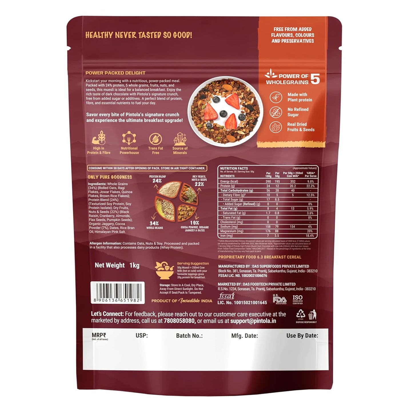 Pintola High Protein Muesli | 24g Protein| High Fibre| Trans Fat Free with Brown Sugar| Real Fruits| Muesli for Breakfast Food