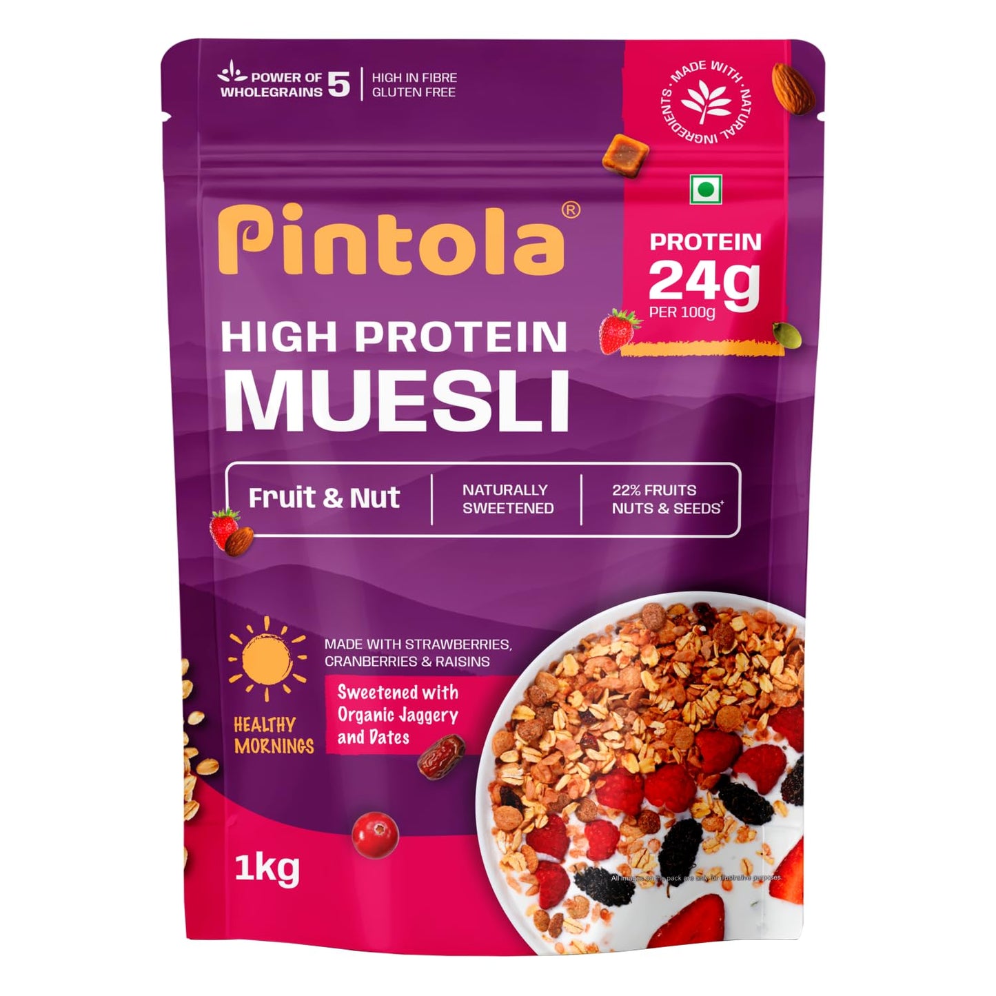 Pintola High Protein Muesli | 24g Protein| High Fibre| Trans Fat Free with Brown Sugar| Real Fruits| Muesli for Breakfast Food