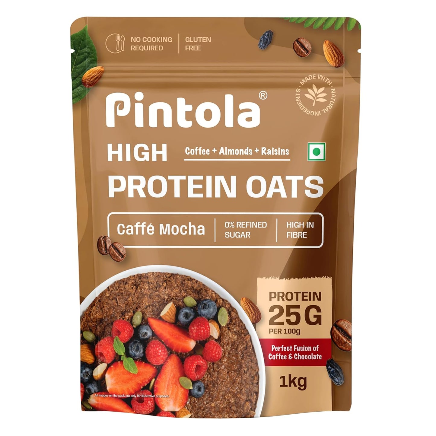 PINTOLA 25g High Protein Oats | No Refined Sugar with Almonds Raisin| Pumpkin and Chia Seeds| 8g Fibre| Rolled Oats for weight loss| Breakfast Cereals | Gluten Free