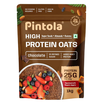PINTOLA 25g High Protein Oats | No Refined Sugar with Almonds Raisin| Pumpkin and Chia Seeds| 8g Fibre| Rolled Oats for weight loss| Breakfast Cereals | Gluten Free