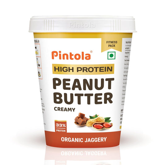 Pintola HIGH Protein ORGANIC JAGGERY Peanut Butter with 33g Protein & 7g Fiber| Whey Protein Peanut Butter| Gluten Free| Zero Added Salt| Cholesterol Free| 100% Roasted Peanuts