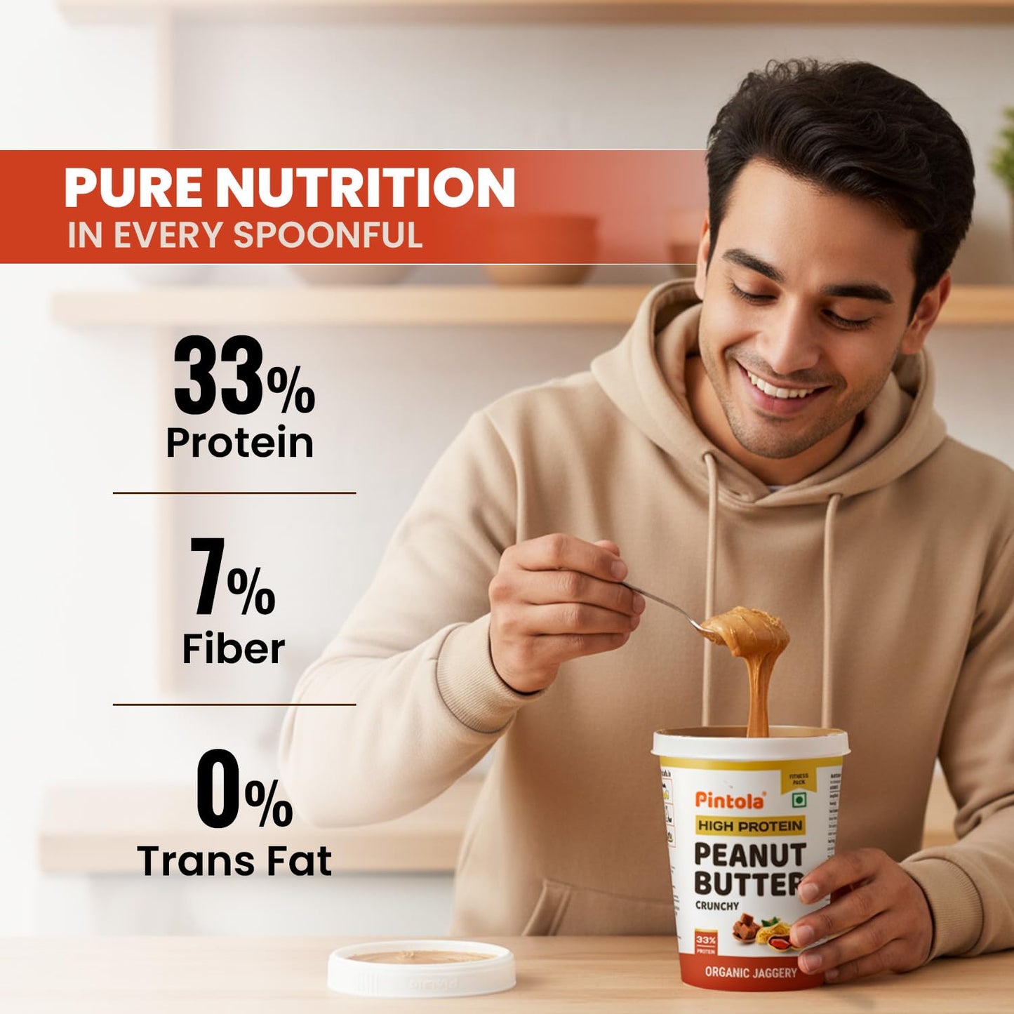 Pintola HIGH Protein ORGANIC JAGGERY Peanut Butter with 33g Protein & 7g Fiber| Whey Protein Peanut Butter| Gluten Free| Zero Added Salt| Cholesterol Free| 100% Roasted Peanuts