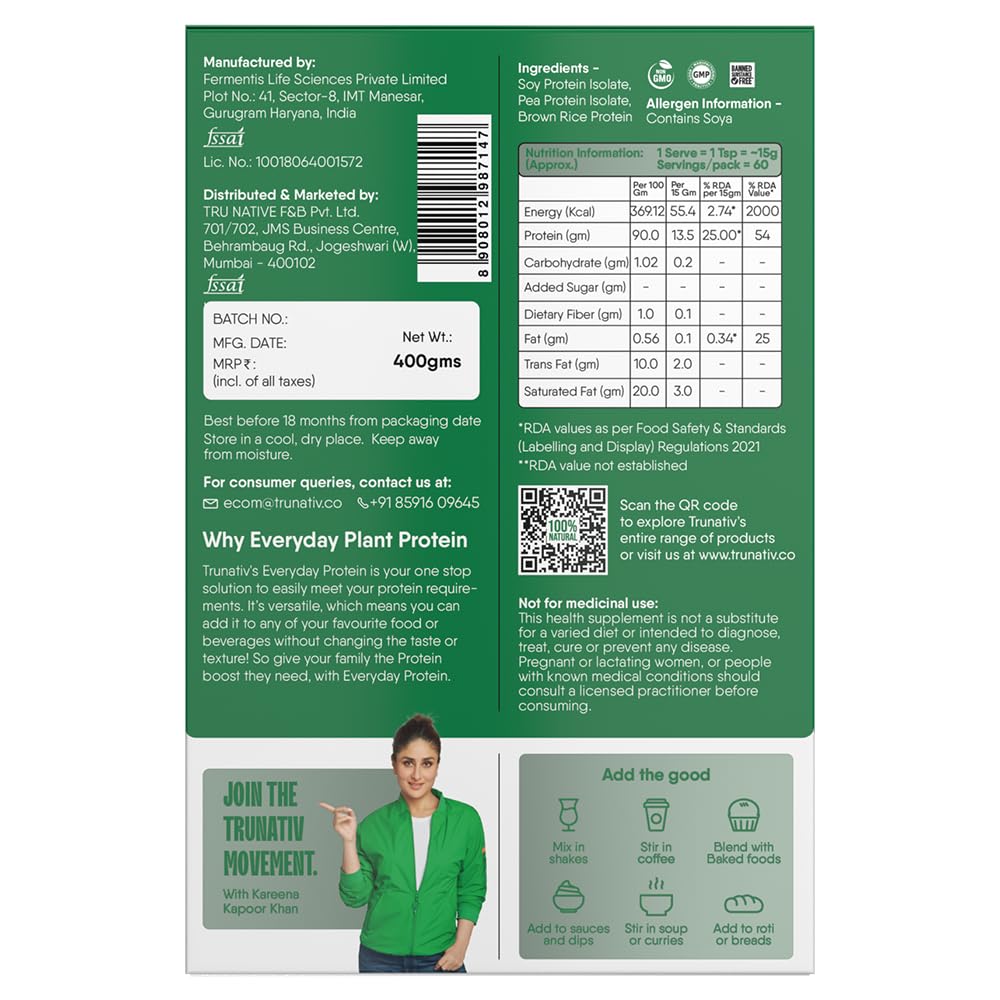 TruNativ Everyday Plant Protein | 13.5g Protein | Soy, Pea & Brown Rice Protein | Keto Friendly | Family Nutrition | Vegan | Cookable Protein | Cook-Bake-Blend | Add to your Daily Meals