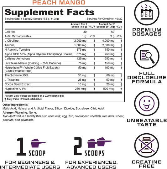 Prevail Pre Workout Powder with Nootropics| Pre Workout for Men and Women | Cutting Edge Energy and Focus Supplement with L Citrulline, Alpha GPC, L Tyrosine, Neurofactor |  40 Servings