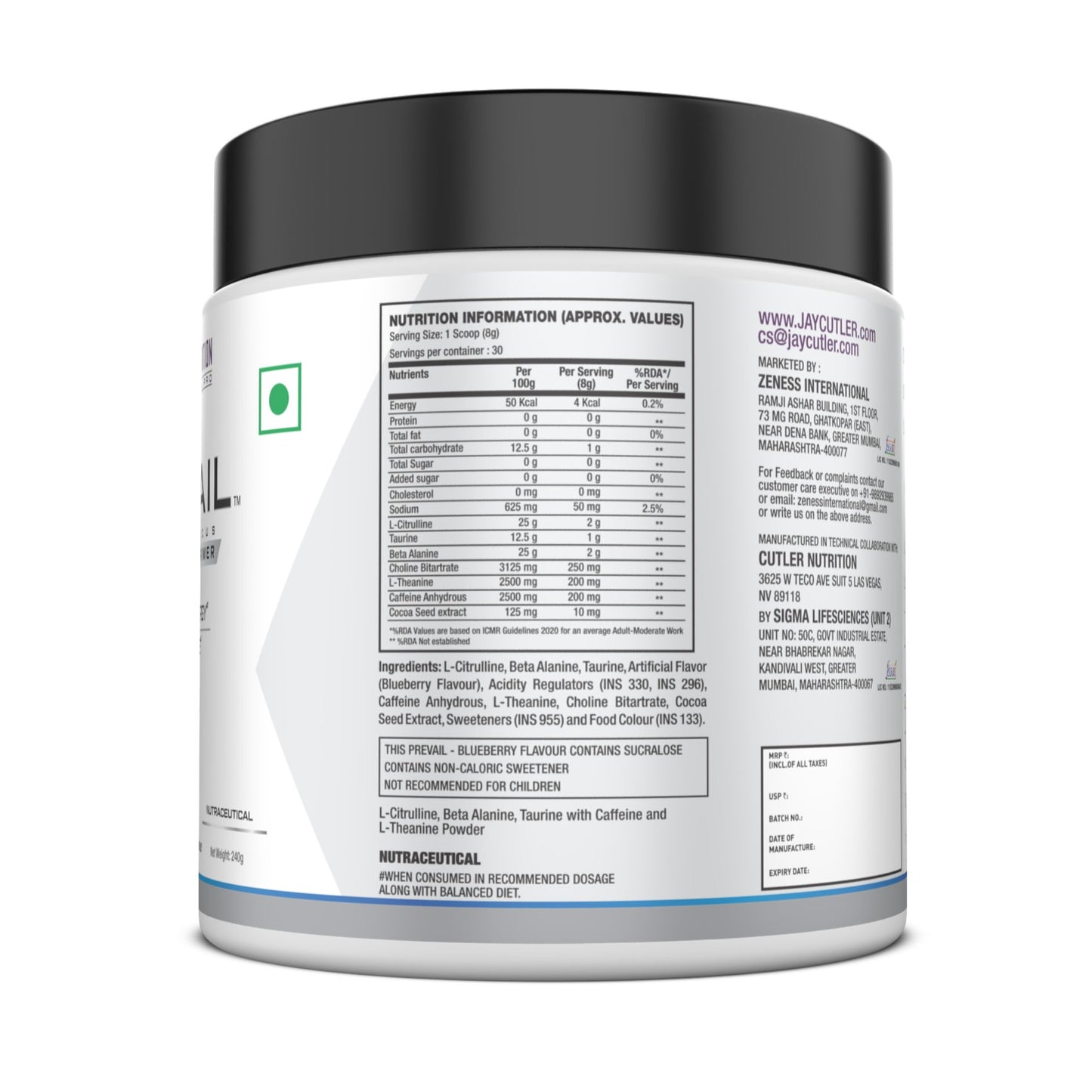 Cutler Nutrition Prevail Pre Workout Powder with Nootropics| Pre Workout for Men and Women | Cutting Edge Energy and Focus Supplement with L Citrulline, Alpha GPC, L Tyrosine, Neurofactor