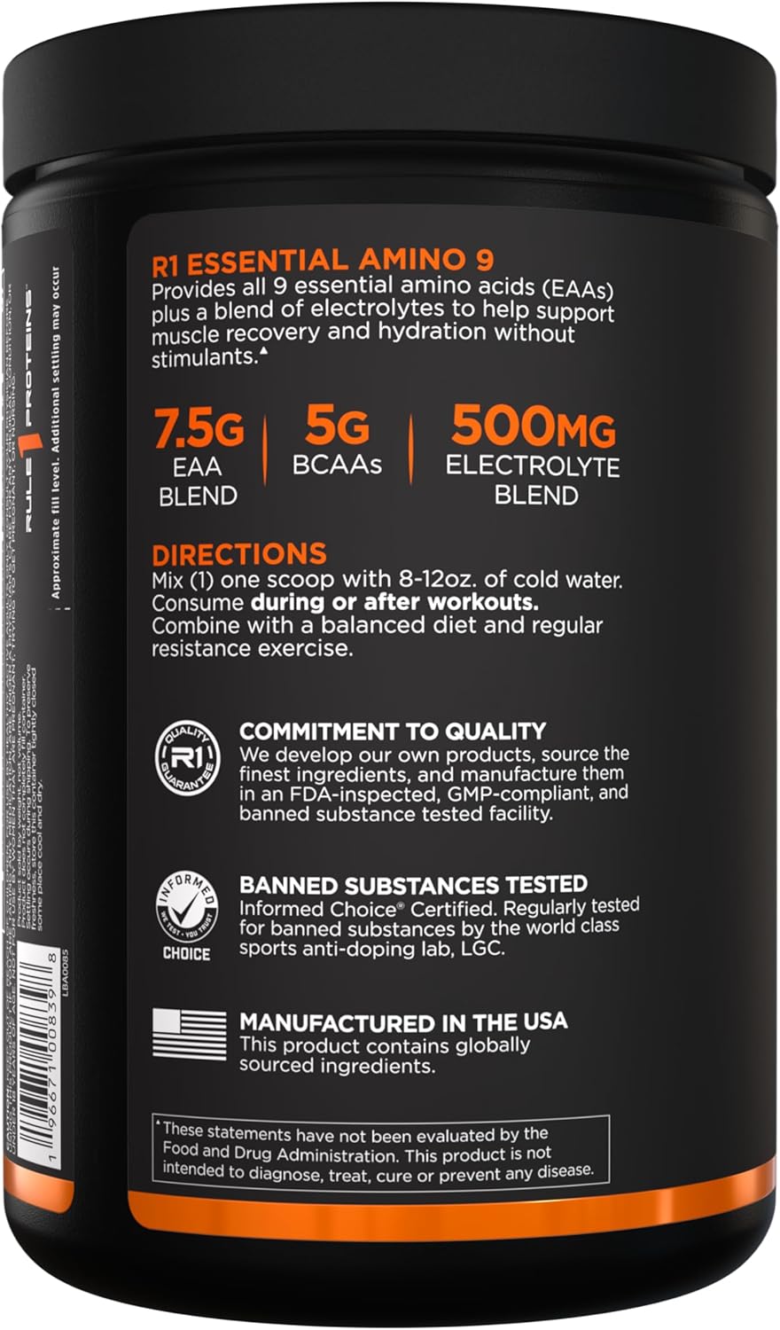 Rule1 Essential Amino 9 | Recovery & Hydration Support with 7.5g of Essential Amino Acids + Electrolytes