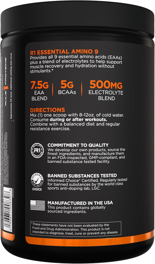 Rule1 Essential Amino 9 | Recovery & Hydration Support with 7.5g of Essential Amino Acids + Electrolytes