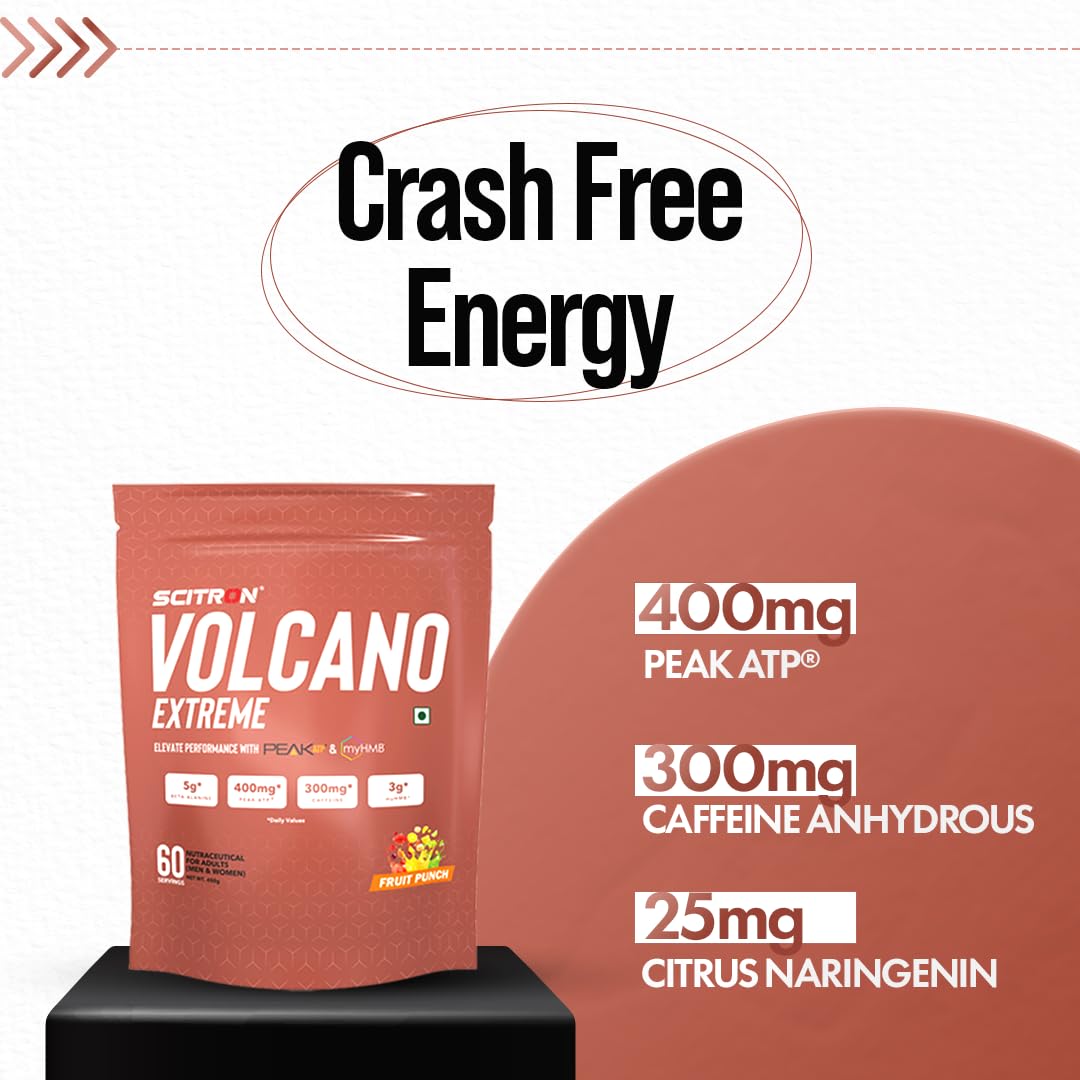 Scitron Volcano Extreme Pre-Workout | India's First Pre-Workout with Peak ATP & myHMB| 5g of Beta-Alanine| 400mg Peak ATP| 300mg caffeine| 3g myHMB