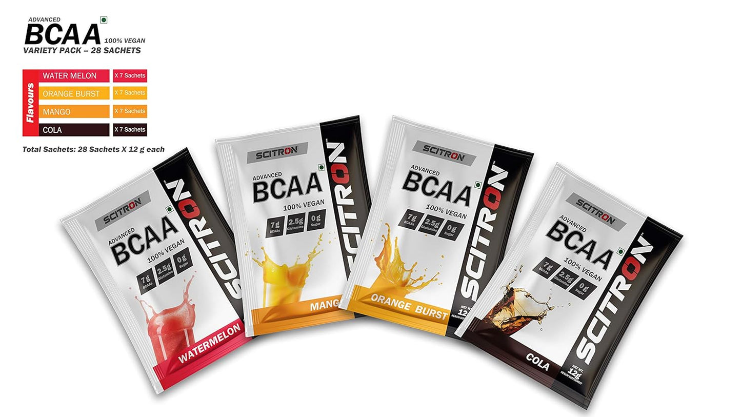 Scitron Advanced BCAA 100% Vegan |4 Flavour Variety Box | 28 Servings |7 Single Servings of each flavour