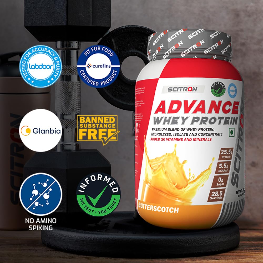 Scitron Advance Whey Protein | 25.5g Protein |5g BCAAs| 0g Sugar| 20 Vitamins & Minerals| Certified by Labdoor, USA | Sourced from Glanbia Nutrition | Certified by Informed Choice