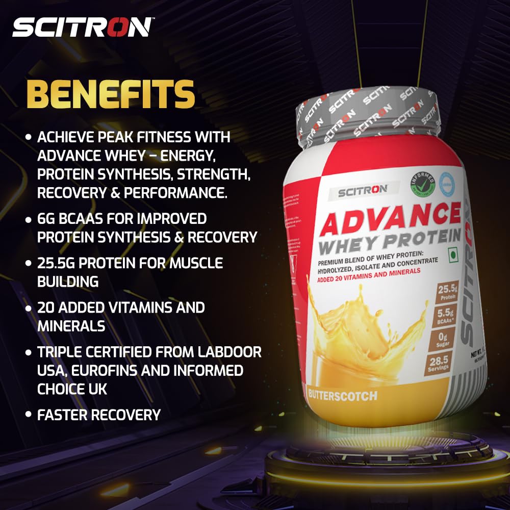 Scitron Advance Whey Protein | 25.5g Protein |5g BCAAs| 0g Sugar| 20 Vitamins & Minerals| Certified by Labdoor, USA | Sourced from Glanbia Nutrition | Certified by Informed Choice
