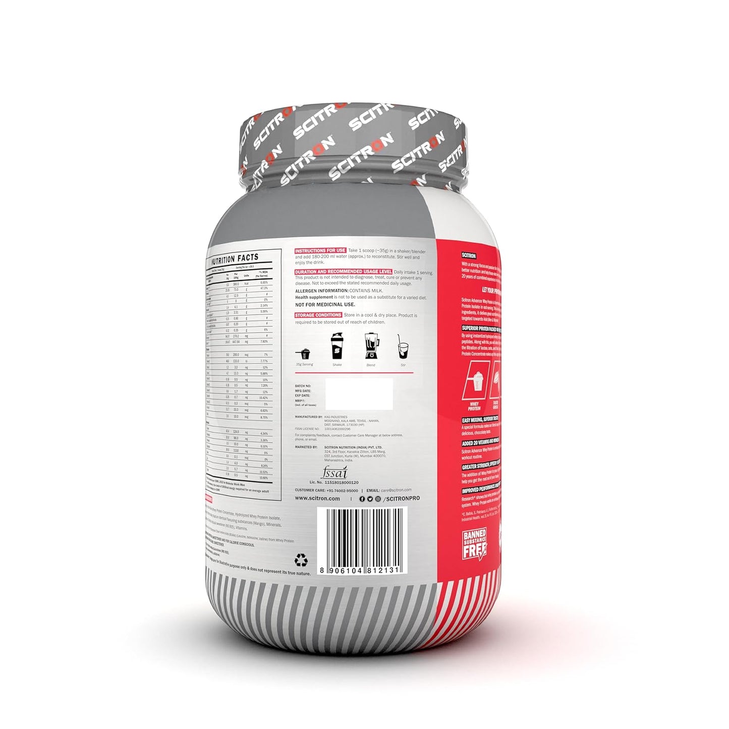 Scitron Advance Whey Protein | 25.5g Protein |5g BCAAs| 0g Sugar| 20 Vitamins & Minerals| Certified by Labdoor, USA | Sourced from Glanbia Nutrition | Certified by Informed Choice