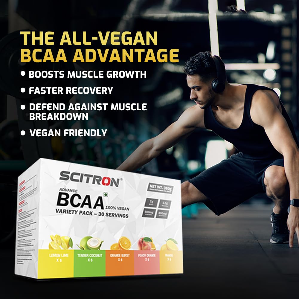 Scitron Advanced 100% VEGAN BCAA Variety Pack | Build Lean Muscle| Recover Faster | 5 Flavours Variety Box  |30 Servings |6 Single Servings of each flavour | Lemon Lime| Tender Coconut| Orange Burst| Peach Orange| Mango