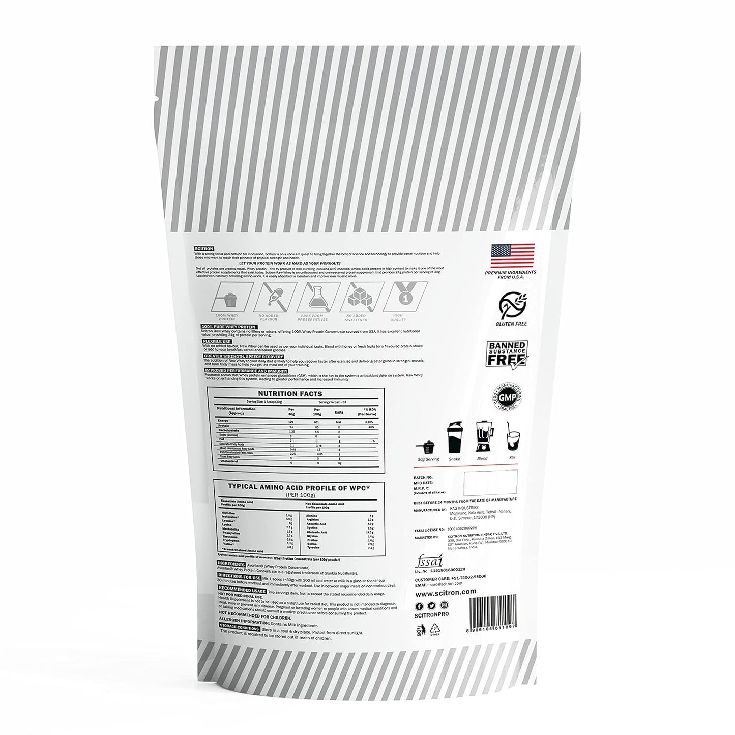 Scitron Raw Whey | 100% Whey Protein Concentrate| 24g Protein| 0g Sugar | 33 Servings| Essential & Non-Essential Amino Acids| No Added Flavour & Sweetener | 1 kg